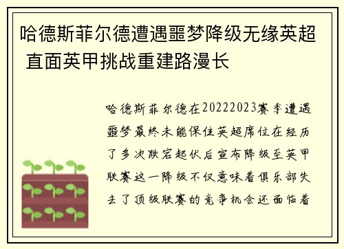 哈德斯菲尔德遭遇噩梦降级无缘英超 直面英甲挑战重建路漫长